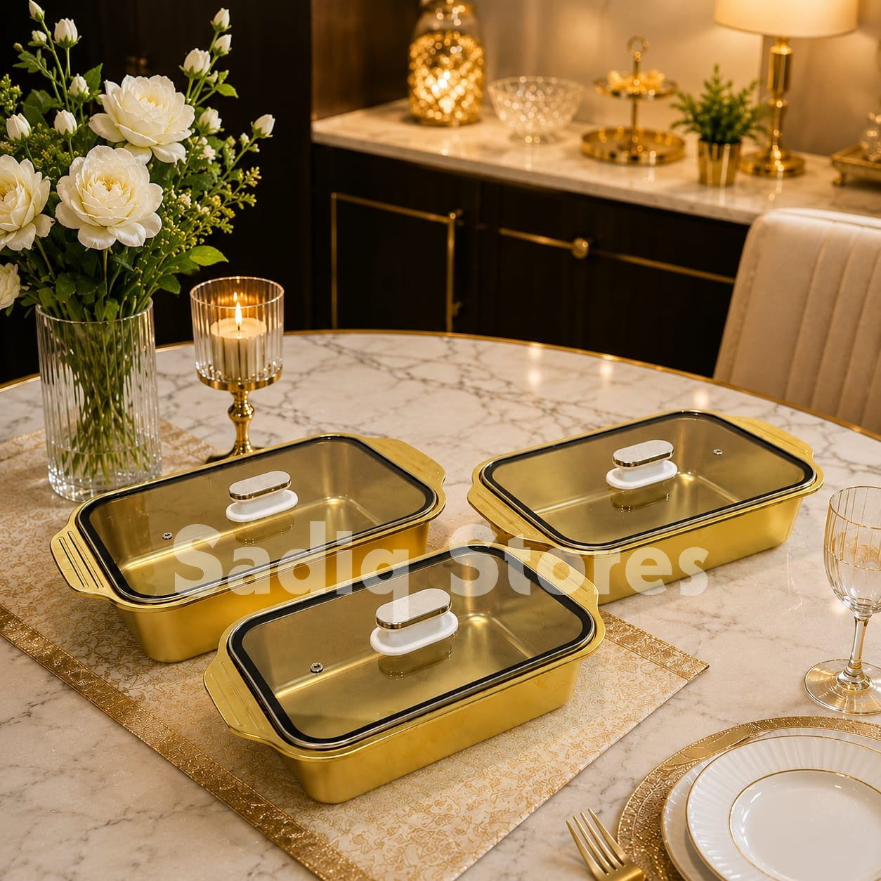 Set of 3 pcs Golden Serving Dishes with glass lid