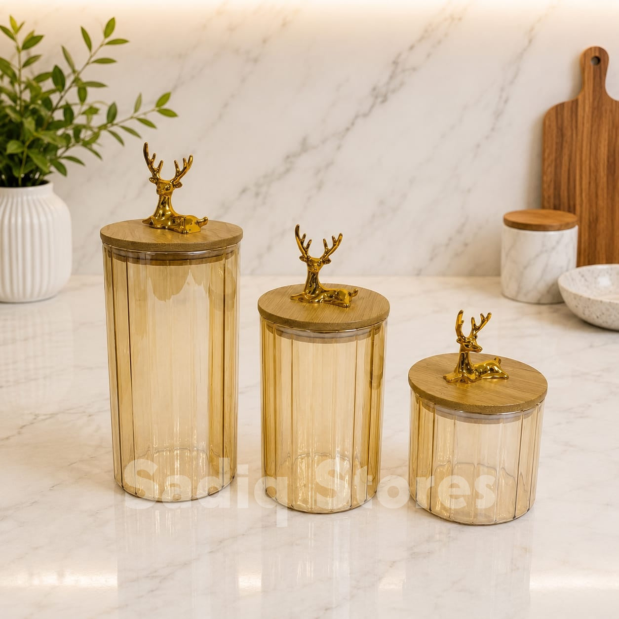 Glass airtight Jar set 3 pcs wooden lid deer knob