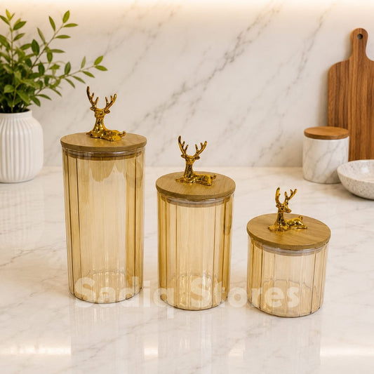 Glass airtight Jar set 3 pcs wooden lid deer knob