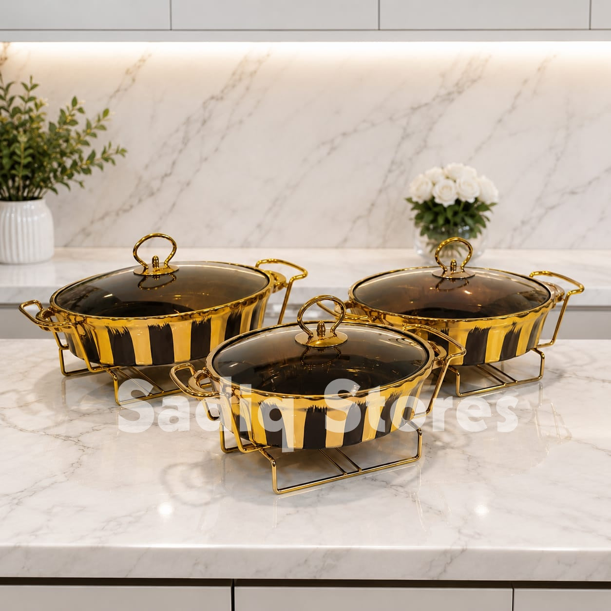 3 Pcs Cermic Dish / Buffet Dish black golden