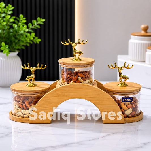 3 Pcs glass jar set with bridge style wooden stand