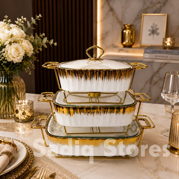 Set of 3 Pcs Serving Dish / Buffet dish white golden