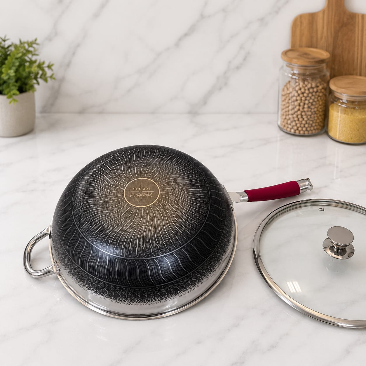 Honeycomb LaserCut Shallow Pan | Long Handle Karahi with Lid 36 cm