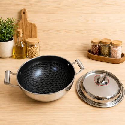Jumbo Honeycomb LaserCut Karahi with Tempered Glass Lid - Deep Cooking Pot