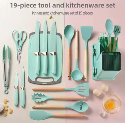 19 pcs Kitchen utensils set with Knives and Cutting board, stand and holders | All in one kitchenware set