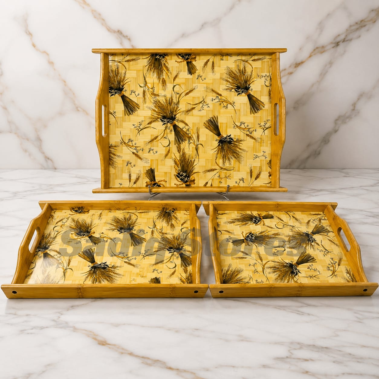 3 pc Bamboo WOODEN TRAY SET [with 3d print]