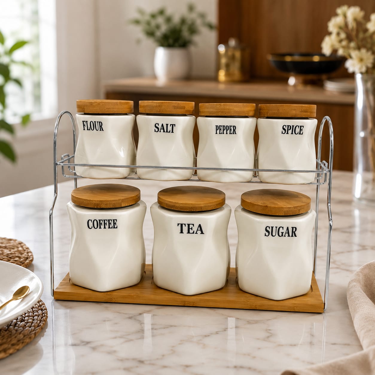 Kitchen Storage 7 Pcs Sugar Tea Coffee Ceramic with wooden lid