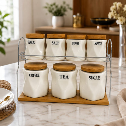 Kitchen Storage 7 Pcs Sugar Tea Coffee Ceramic with wooden lid