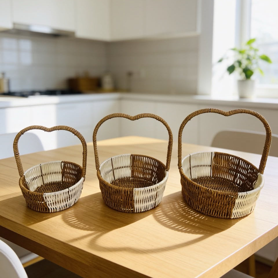Set of 3  Round Rattan handle Basket Brown| Fruit Basket | Creative Snack Storage Display