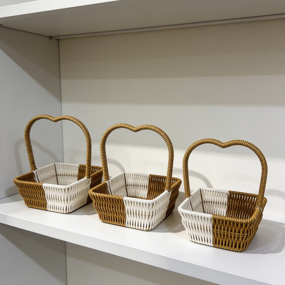 Set of 3  Square Rattan handle Basket Brown| Fruit Basket | Creative Snack Storage Display