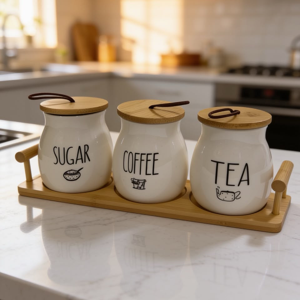 Ceramic Tea Coffee Sugar Jars Set with Tray
