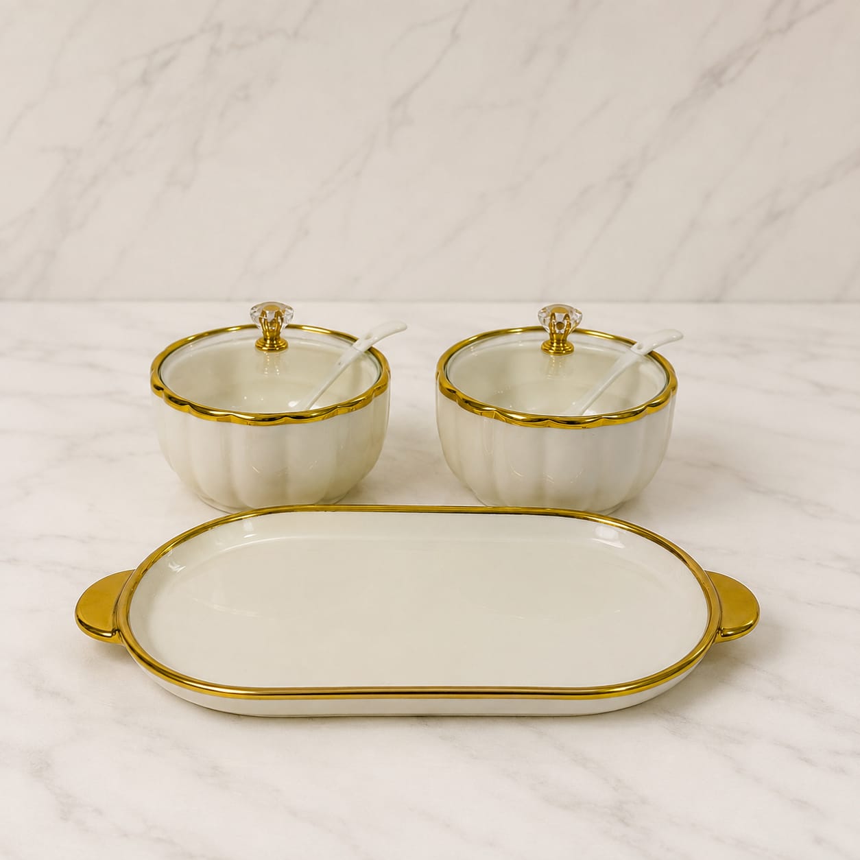 Ceramic Bowl Set with Tray, White and Gold, 2 Pcs