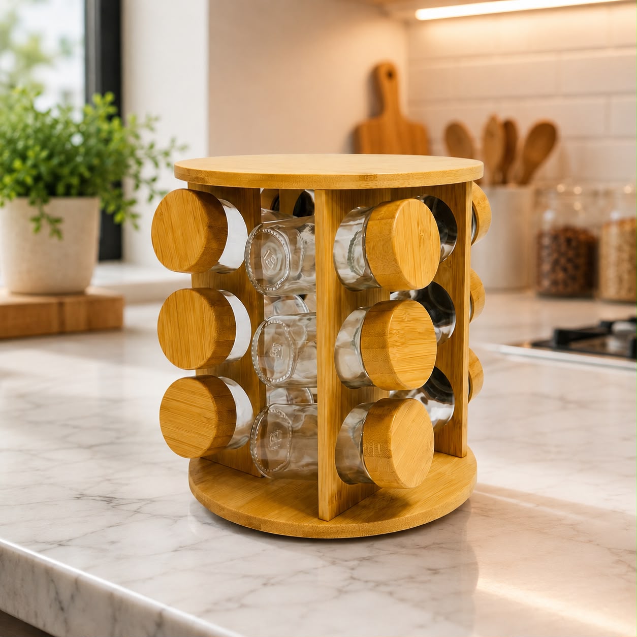 Wooden Rotating Spice Rack Organizer – 8 Glass Jars with Bamboo Lids