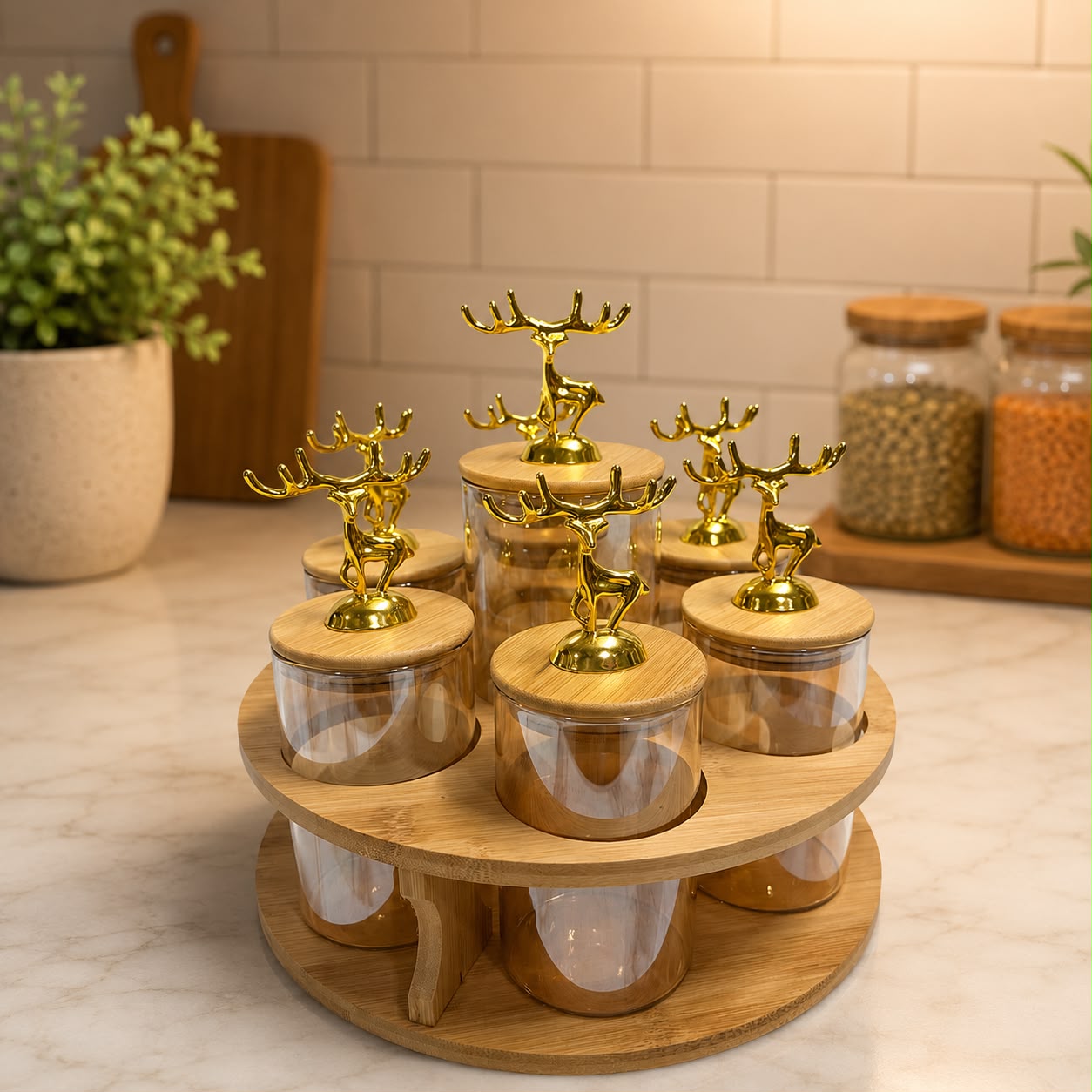 Glass Jar Set Rotatable Bamboo Stand – 7Pcs
