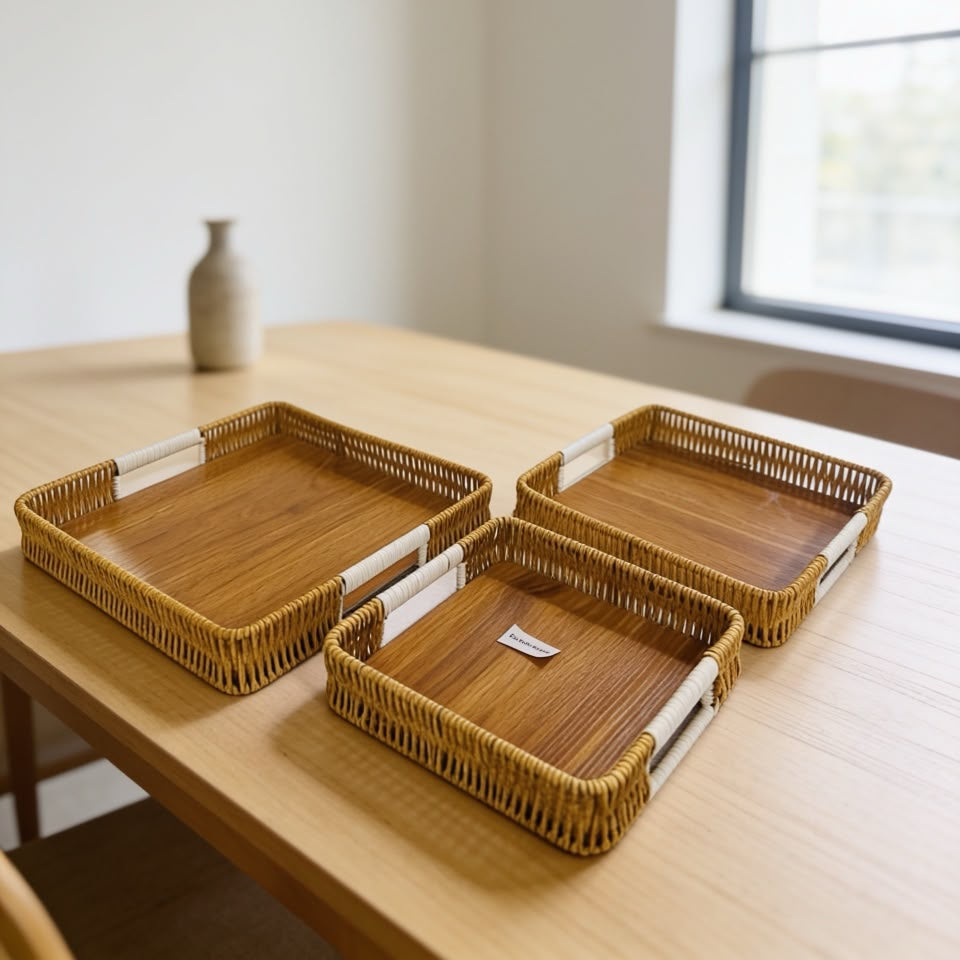 Set of 3  Square flat Rattan Basket Brown