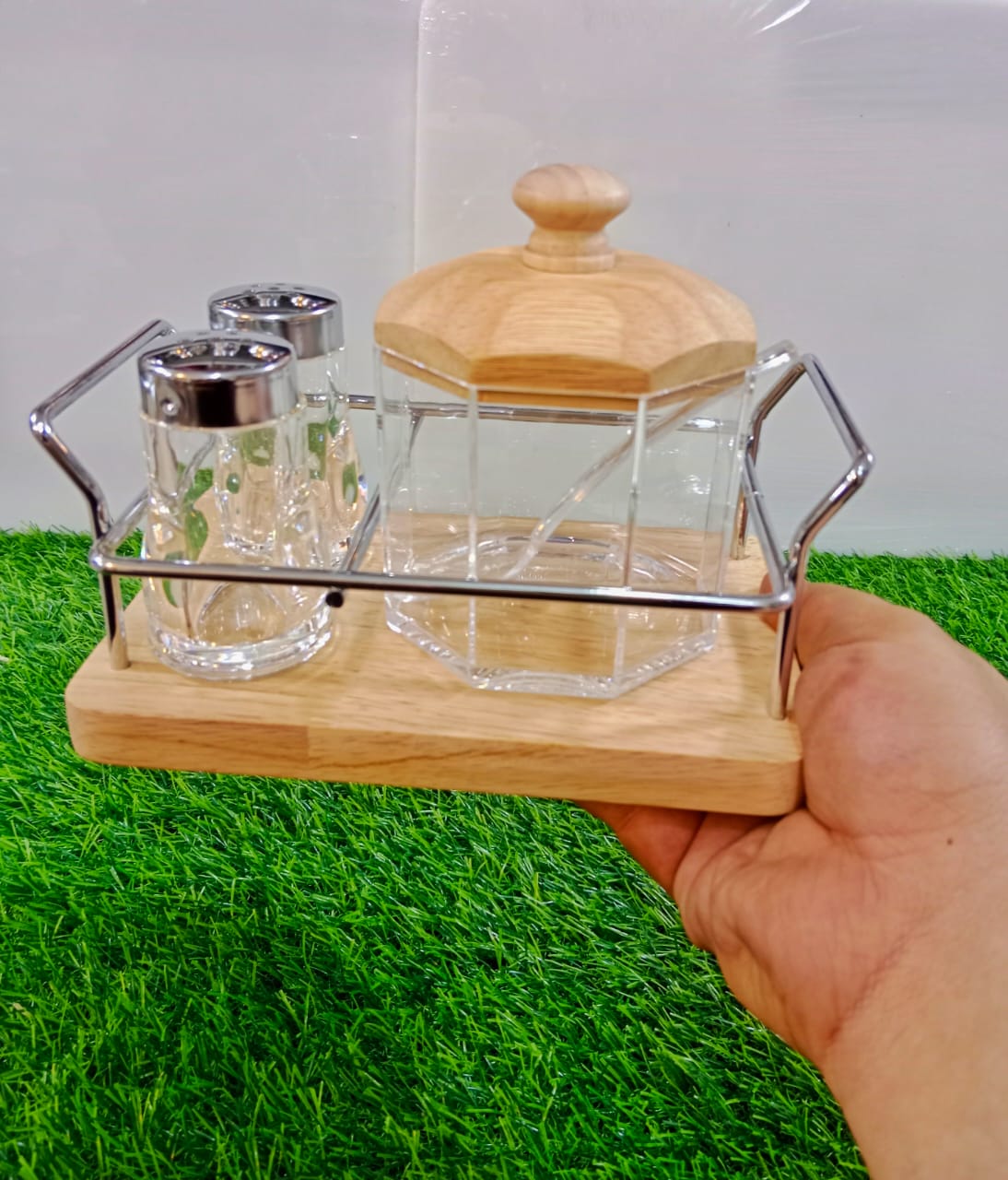 3 pc Cruet Set with Wooden Base | Tabletop Sugar pot and Shakers