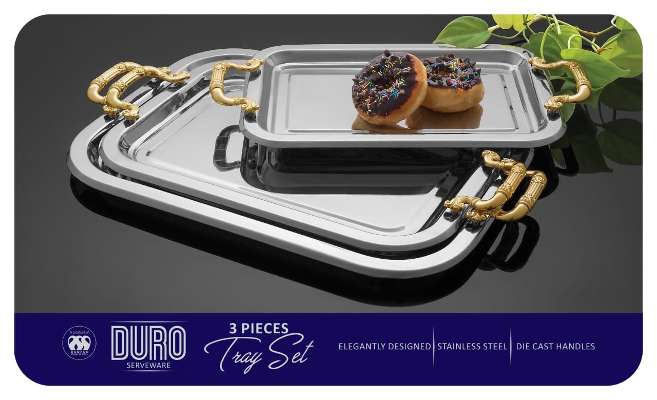 3pcs Tray set Stainless steel with golden handles