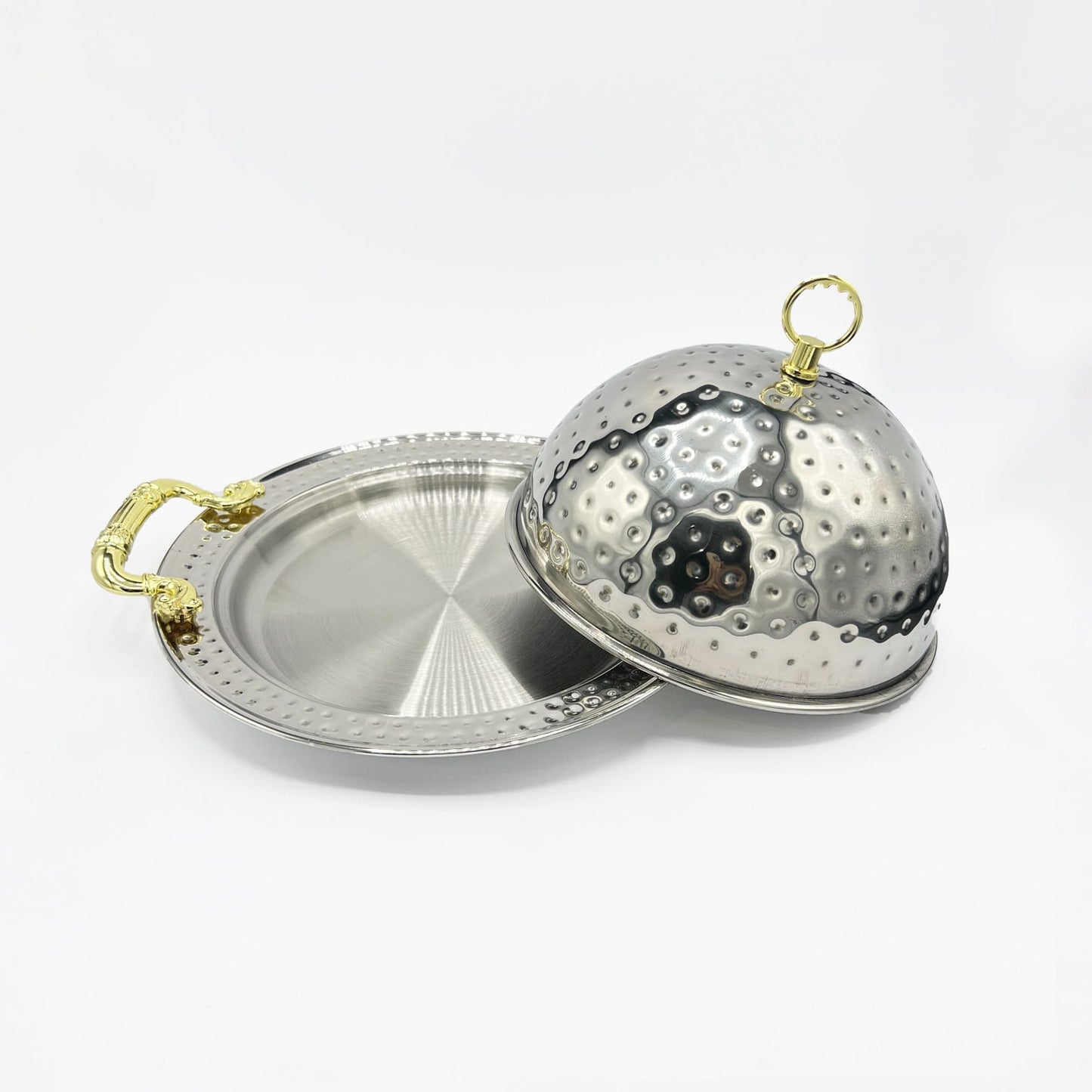 BBQ Platter with Dome Cover – Hammered Stainless Steel Serving Dish with Gold Handles
