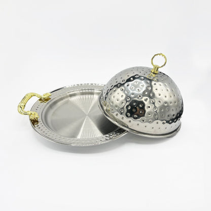BBQ Platter with Dome Cover – Hammered Stainless Steel Serving Dish with Gold Handles