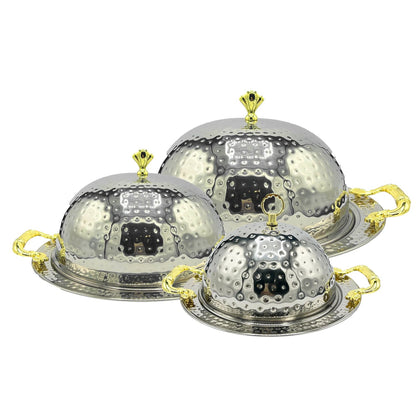 BBQ Platter with Dome Cover – Hammered Stainless Steel Serving Dish with Gold Handles