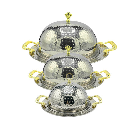 BBQ Platter with Dome Cover – Hammered Stainless Steel Serving Dish with Gold Handles