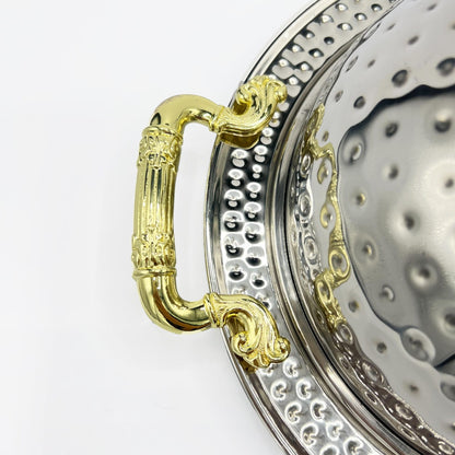 BBQ Platter with Dome Cover – Hammered Stainless Steel Serving Dish with Gold Handles