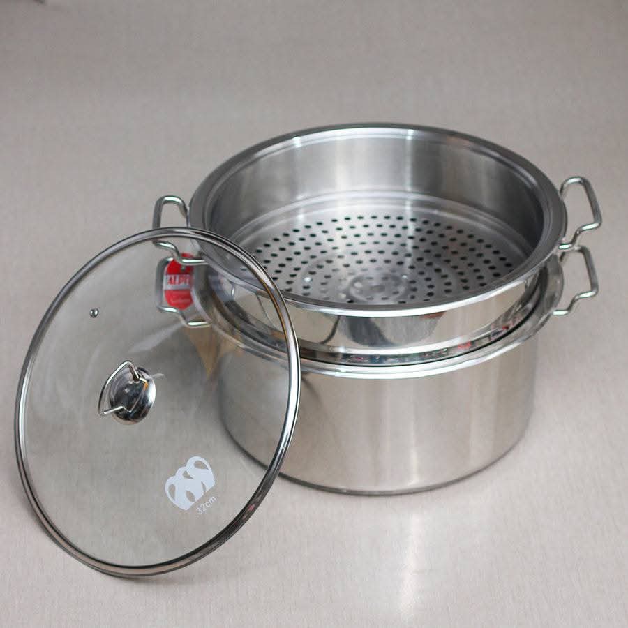Alpha Stainless Steel double layer Steamer + Cooking Pot and glass lid all sizes