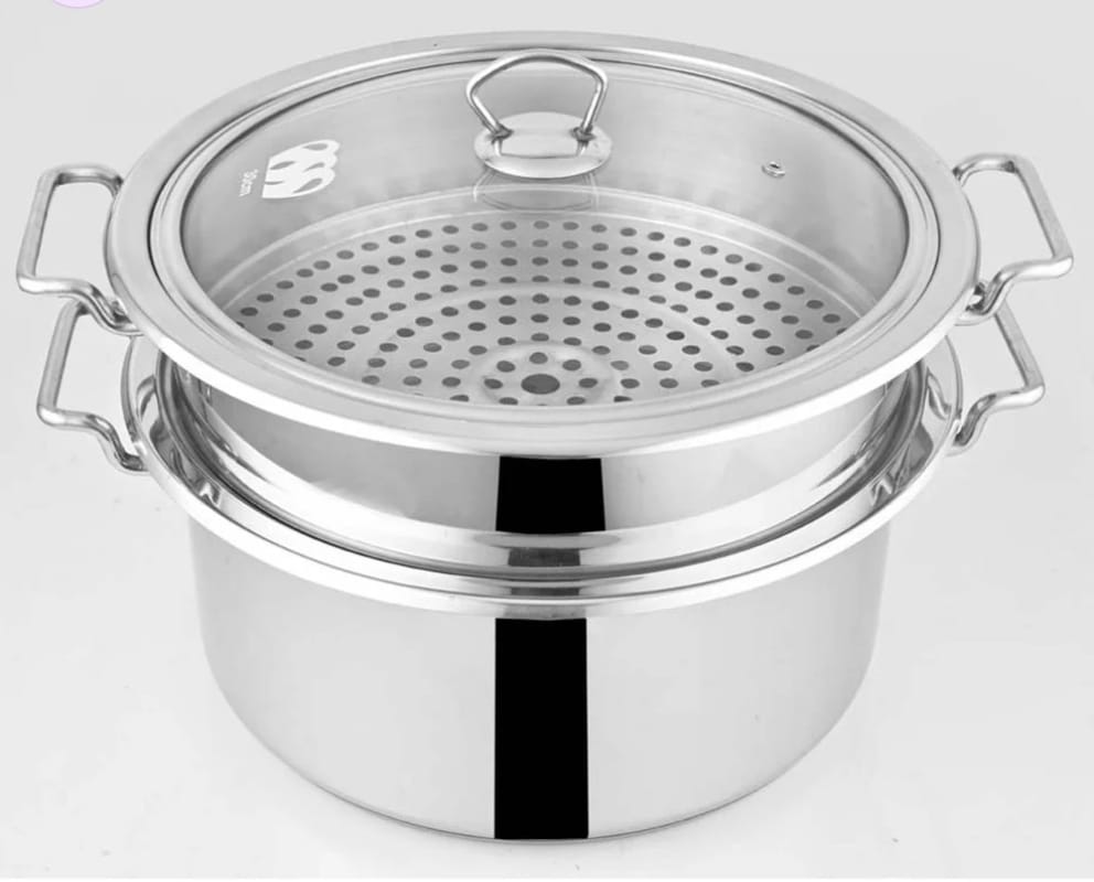 Alpha Stainless Steel double layer Steamer + Cooking Pot and glass lid all sizes