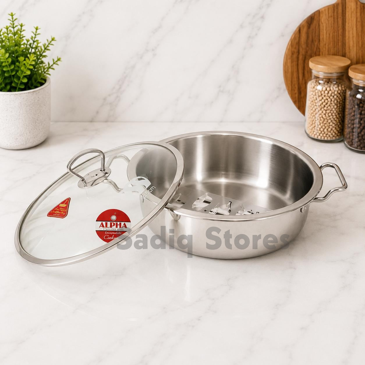 Alpha Stainless Steel Flat Karahi / Fish Pot with Glass Lid – Double Bottom Encapsulated Base