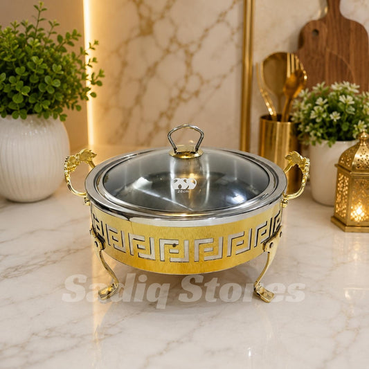 Versace Design Buffet Serving Dishes with Lid, Stand & Burner-Stainless Steel
