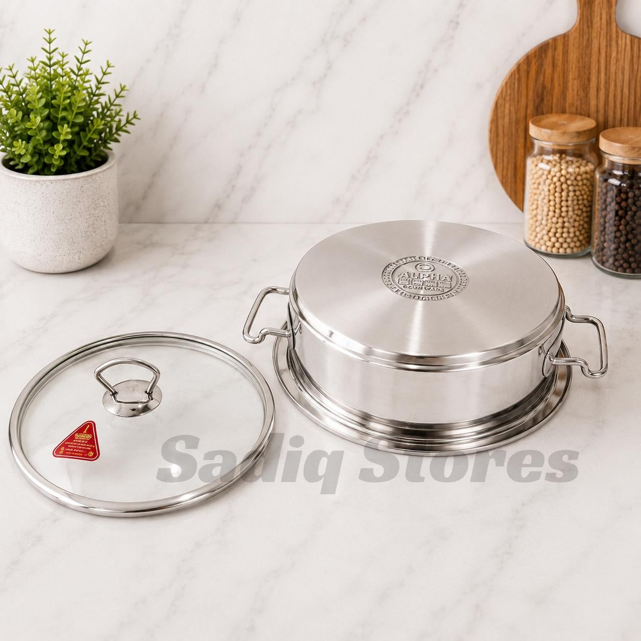 Alpha Stainless Steel Flat Karahi / Fish Pot with Glass Lid – Double Bottom Encapsulated Base
