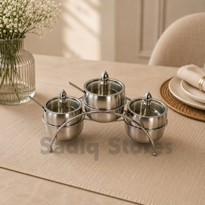 3 Bowl stainless steel Condiment Server with transparent lid