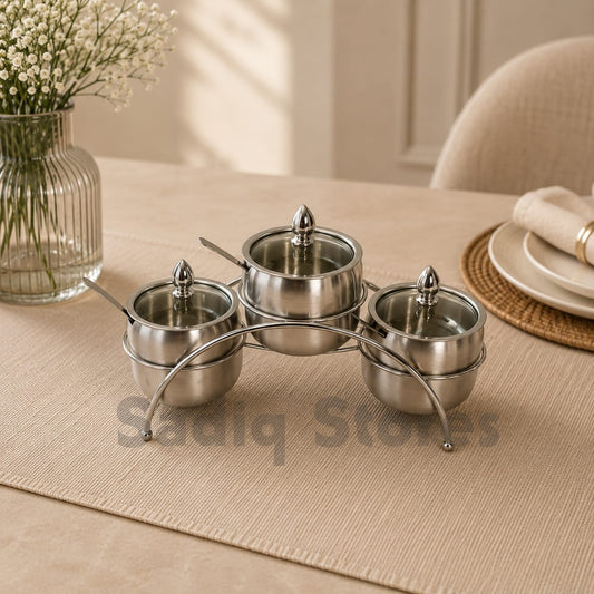 3 Bowl stainless steel Condiment Server with transparent lid