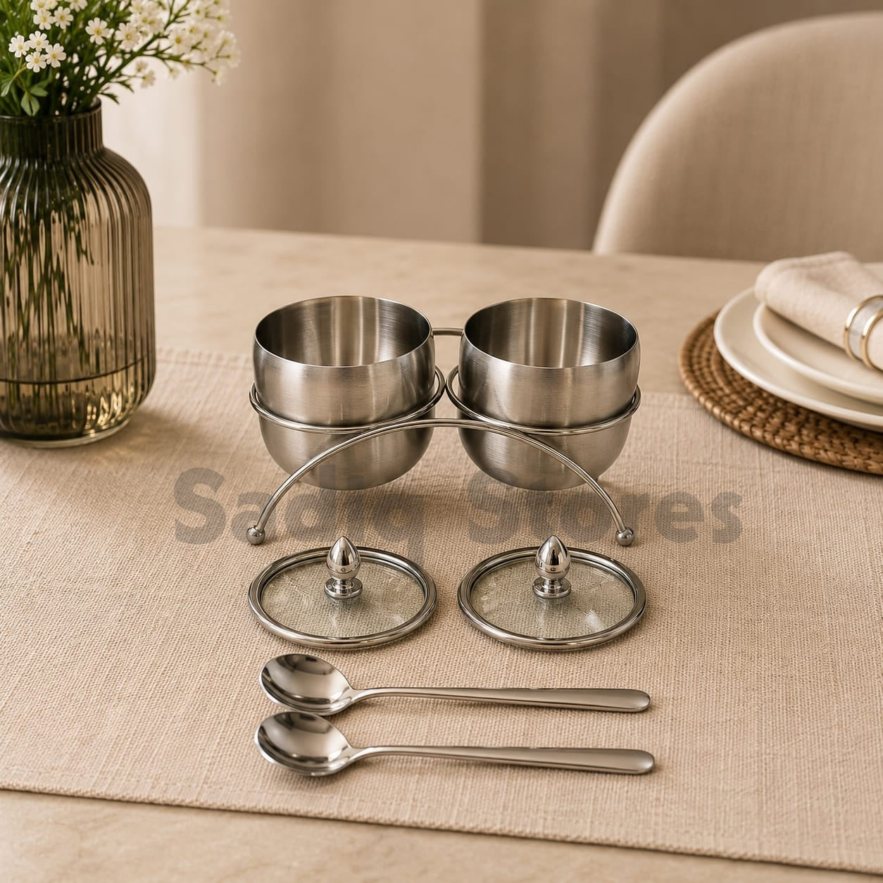 2 Bowl Condiment Server with stand or transparent lid
