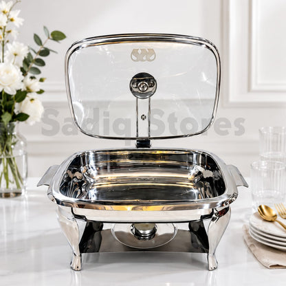 Stainless steel rectangular chafing dish with burner / Glass lid