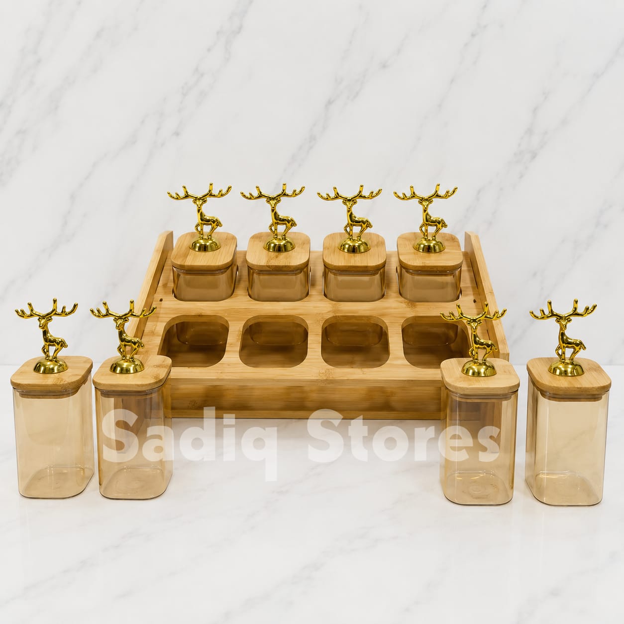 9 Pcs imported glass masala box with wooden lid & stand