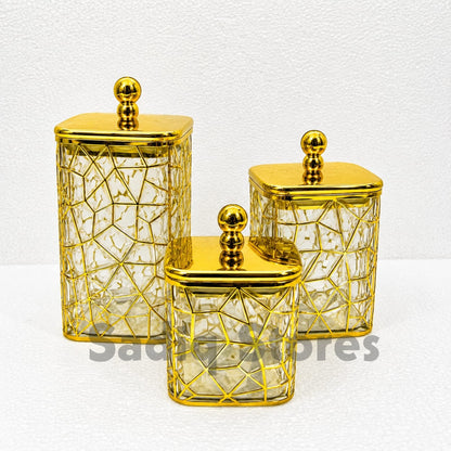 Golden Diamond Cut Storage Jar Set – 3 Pcs Elegant Kitchen & Table Organizer