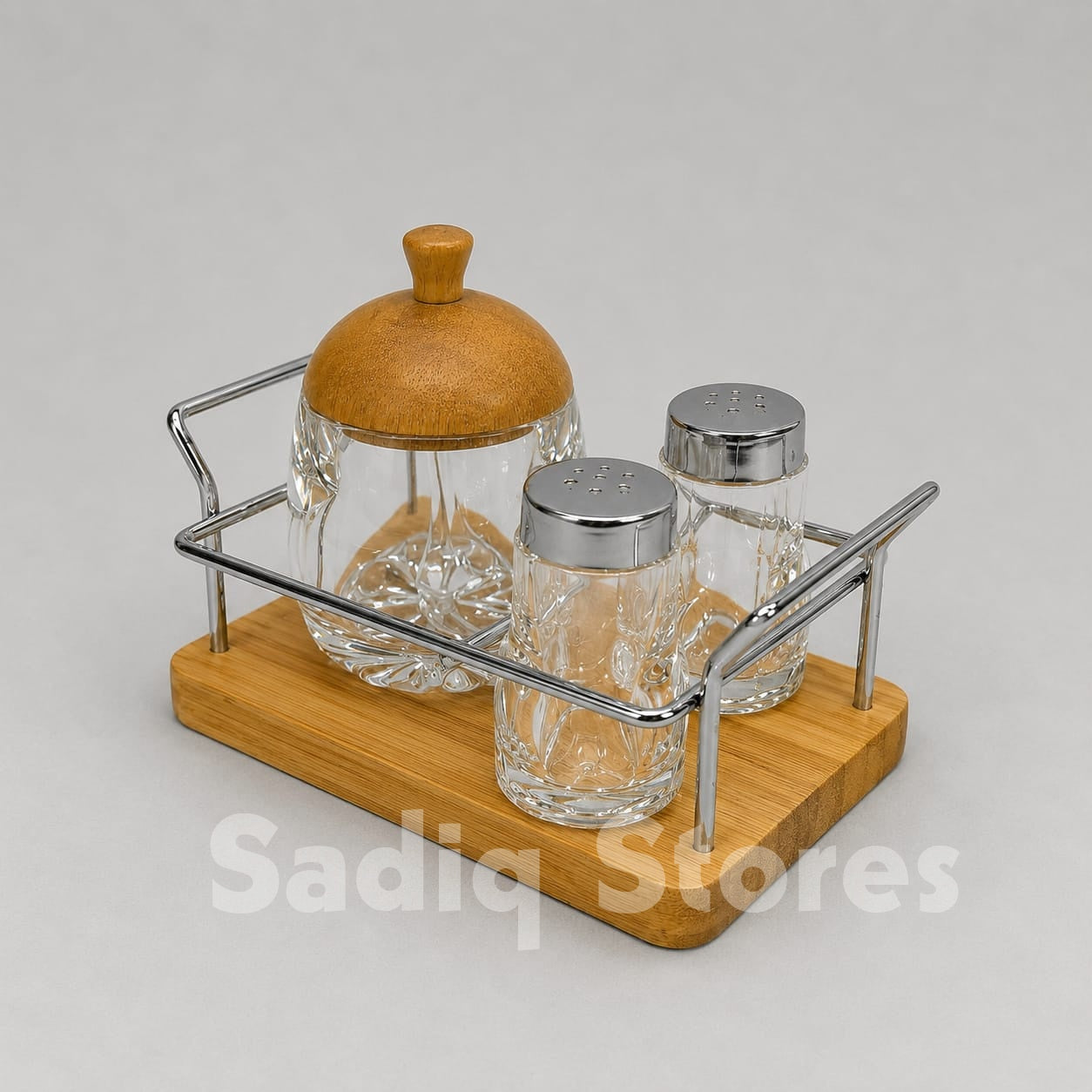 3 pc Cruet Set with Wooden Base | Tabletop Sugar pot and Shakers