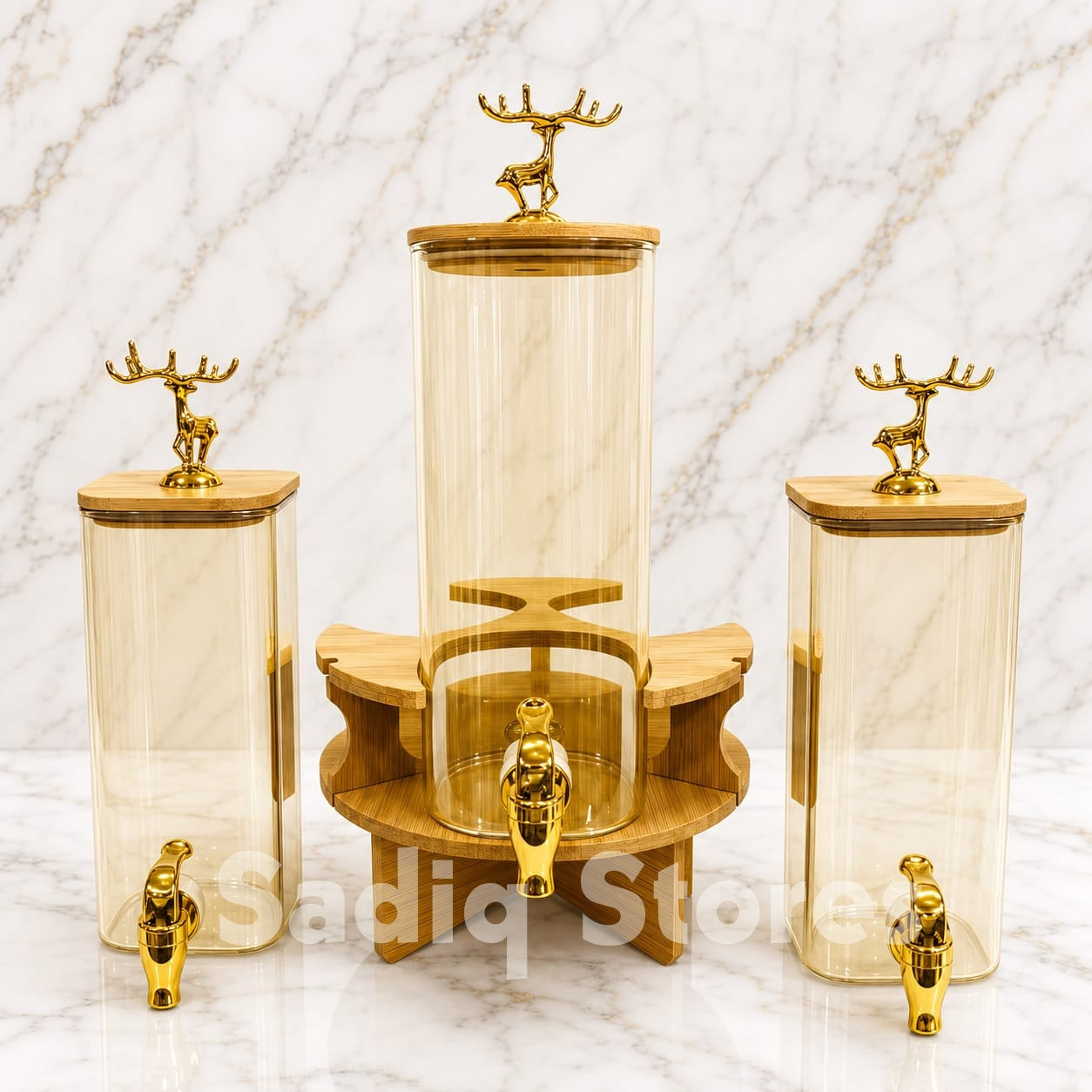 3 pcs glass dispenser with bambo revolving stand