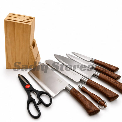 7pc Stainless Steel Knife Set with Wooden Base