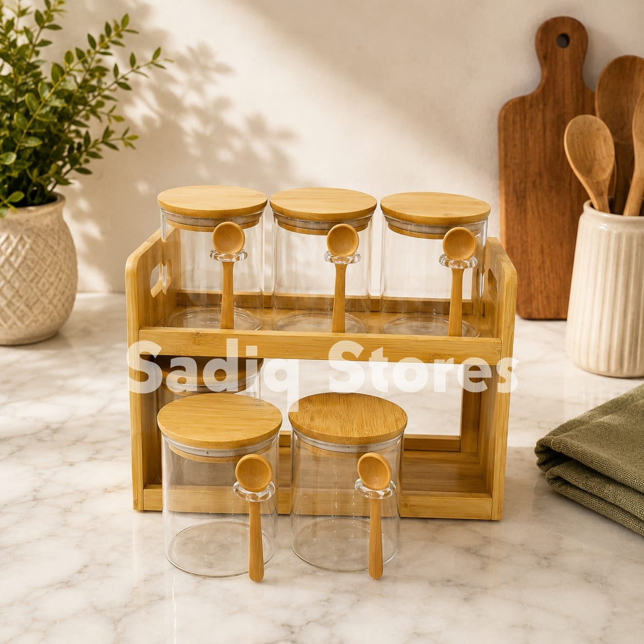 7 Pcs Glass jar masala box with wooden stand