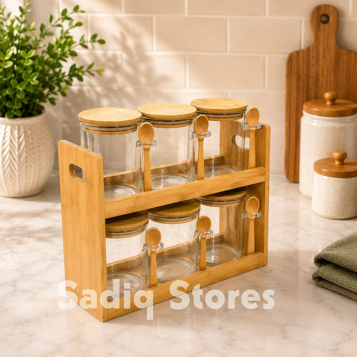 7 Pcs Glass jar masala box with wooden stand