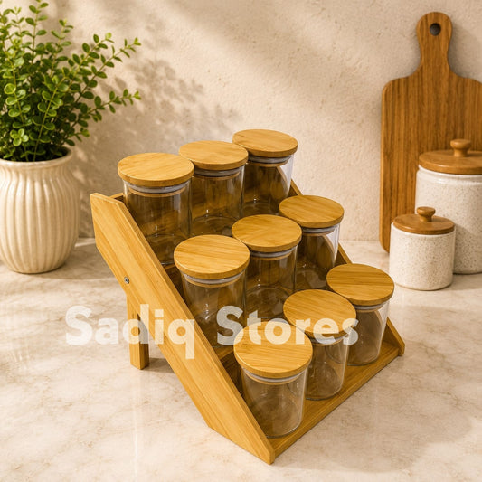 10 Pcs glass jar masala box with wooden stand