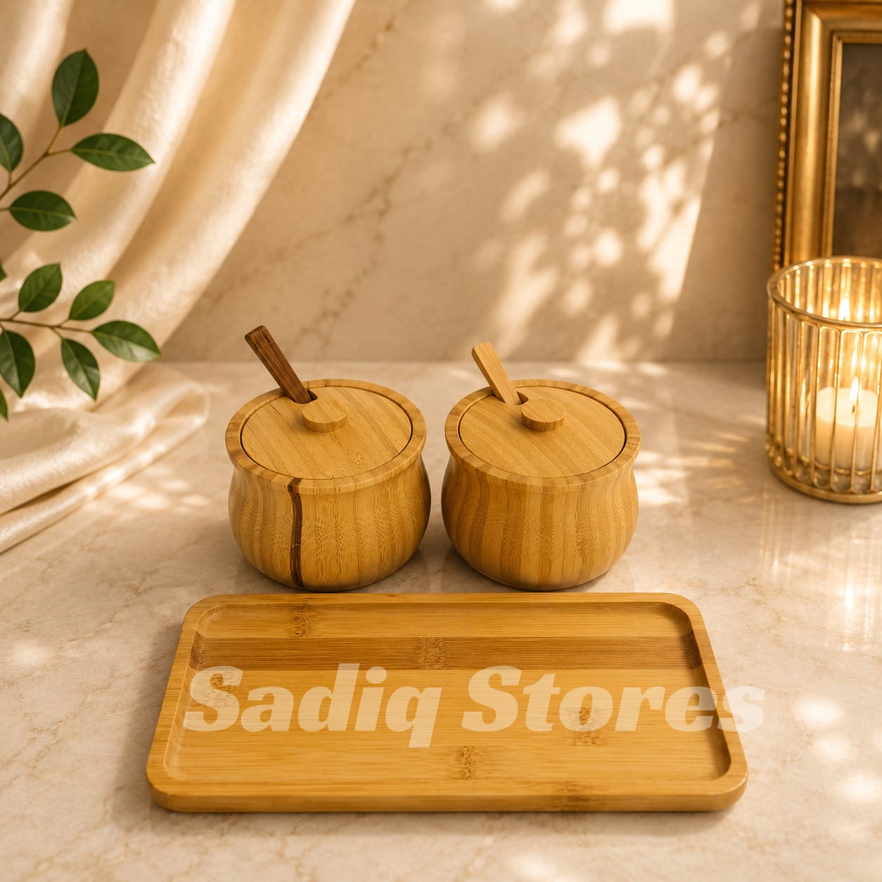 2 pcs wooden sugar pot with tray
