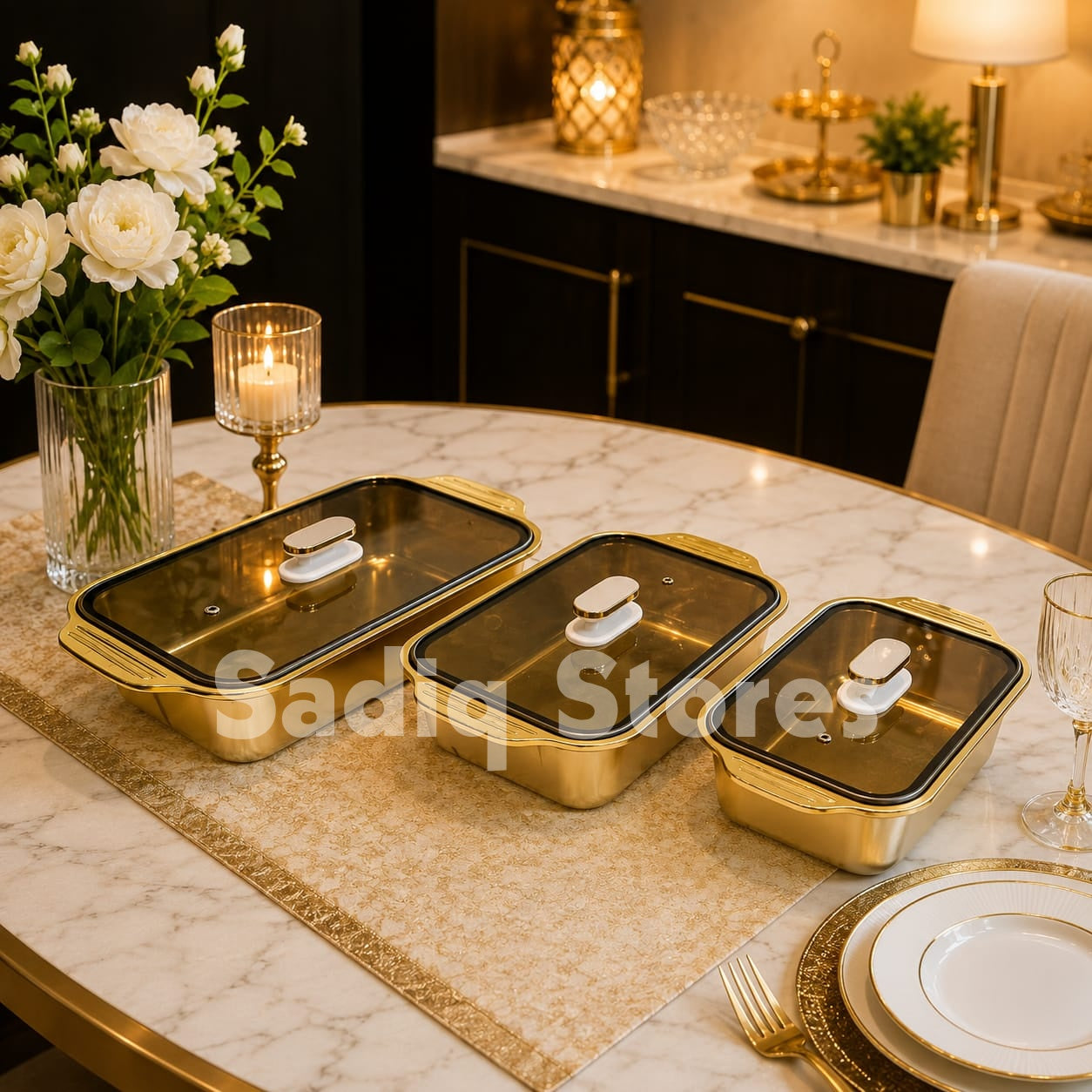 Set of 3 pcs Golden Serving Dishes with glass lid