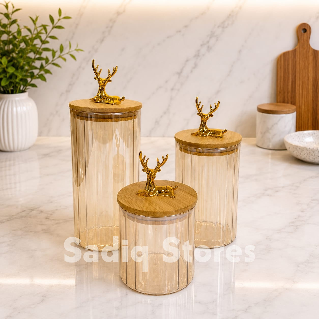 Glass airtight Jar set 3 pcs wooden lid deer knob