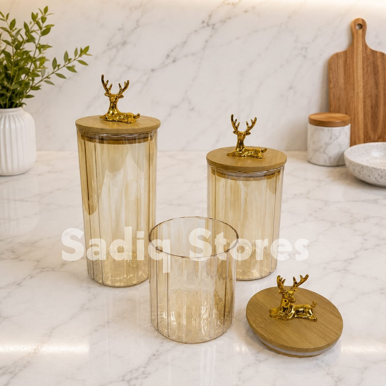 Glass airtight Jar set 3 pcs wooden lid deer knob