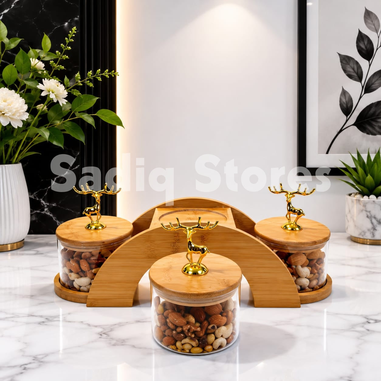 3 Pcs glass jar set with bridge style wooden stand