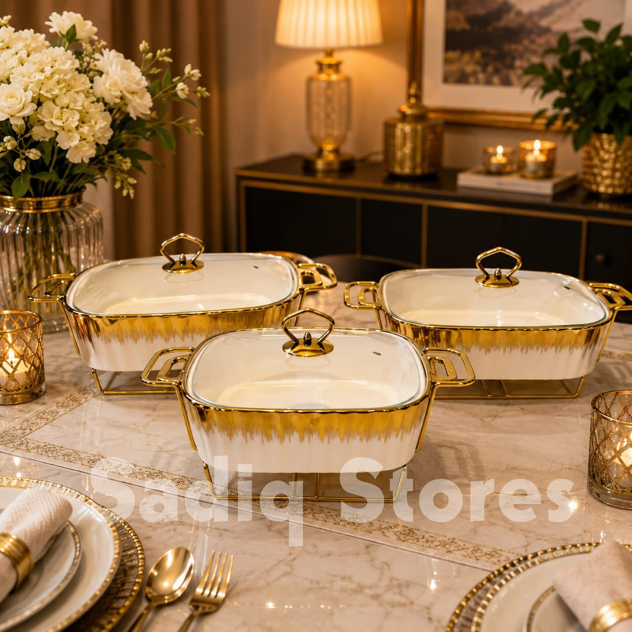 Set of 3 Pcs Serving Dish / Buffet dish white golden