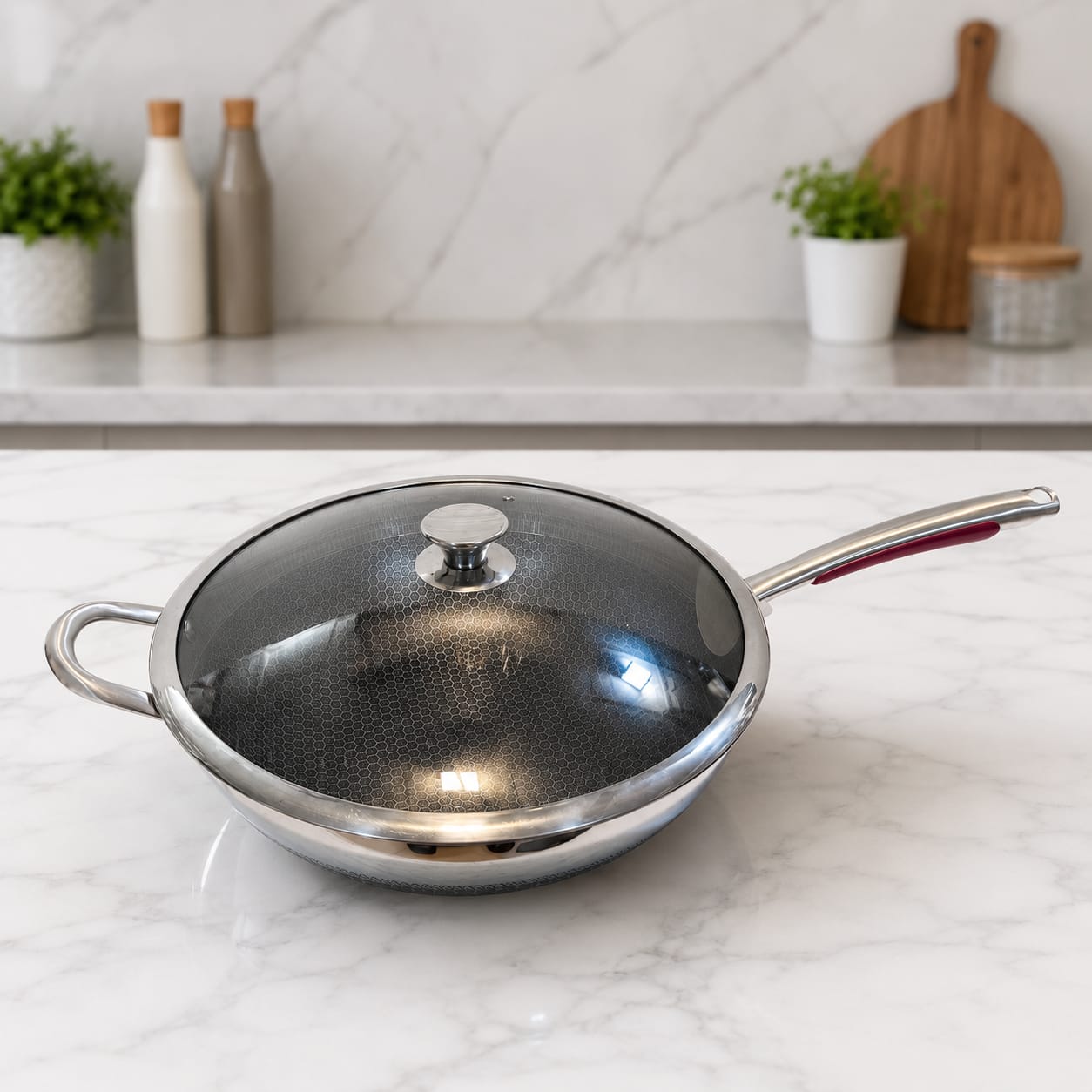 Honeycomb LaserCut Shallow Pan | Long Handle Karahi with Lid 36 cm
